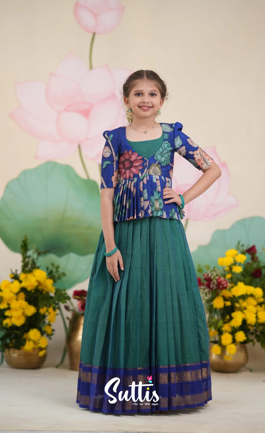 Maya Cotton Long Gown - Teal Blue and Royal Blue Kids-Suttis