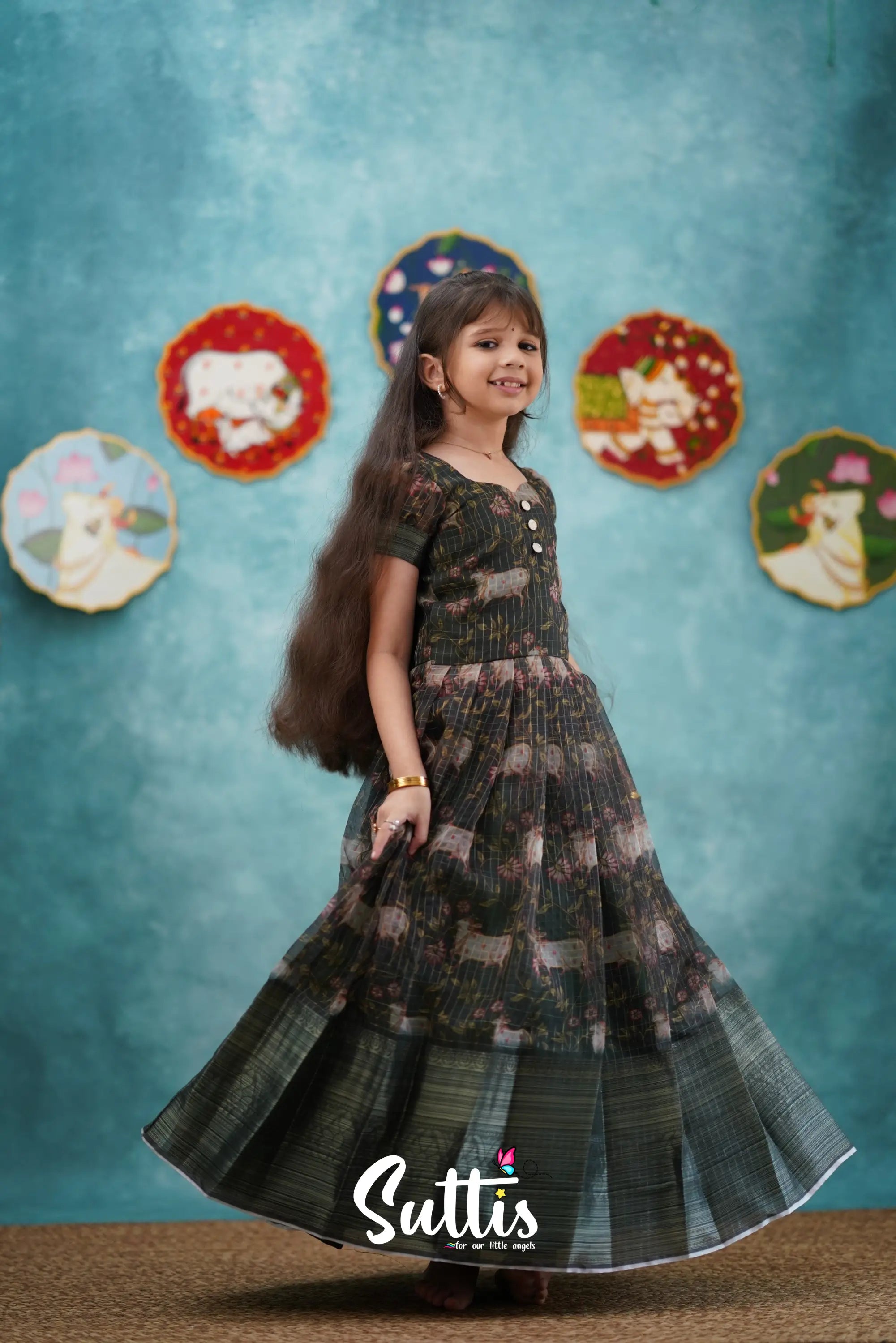 Maya - Dark Bottle Green Organza Long Gown Kids-Suttis