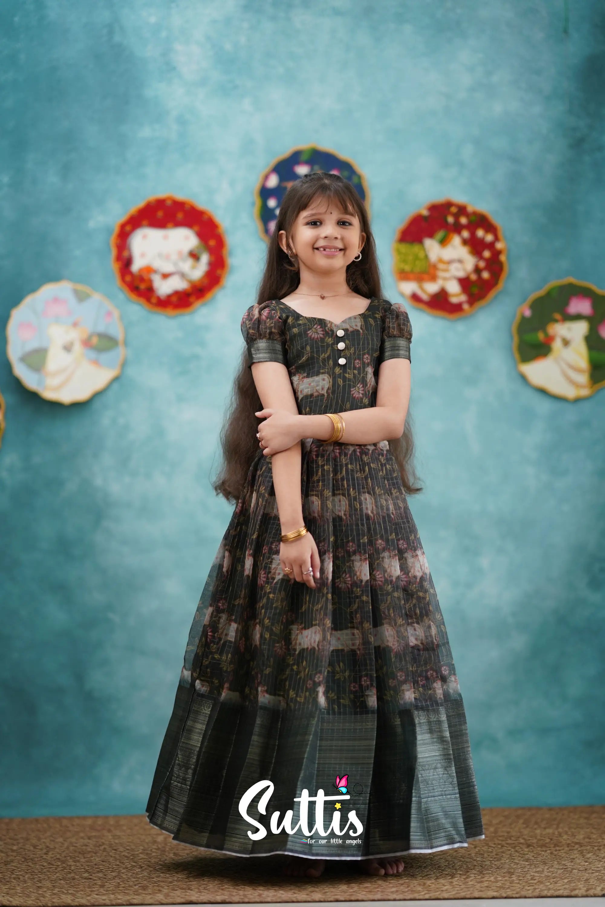 Maya - Dark Bottle Green Organza Long Gown Kids-Suttis