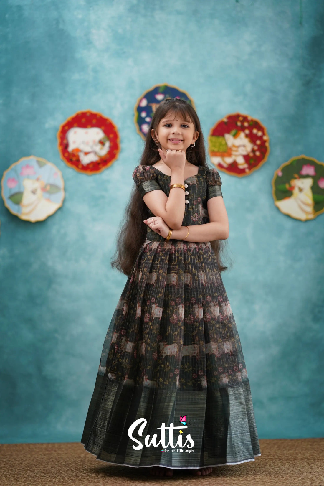 Maya - Dark Bottle Green Organza Long Gown Kids-Suttis