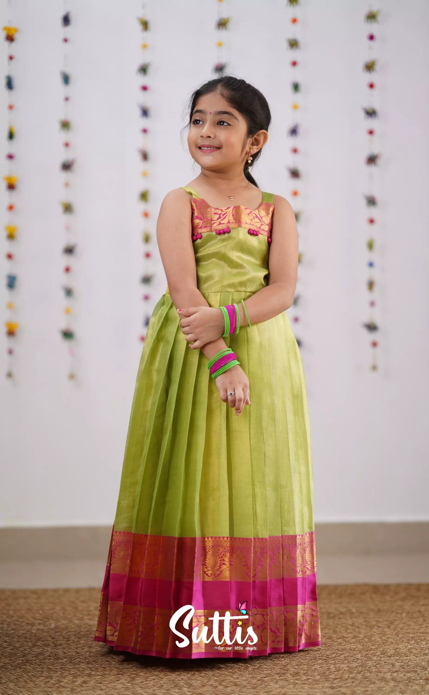 Maya Green Shade And Hot Pink Tone Organza Gown Kids-Suttis