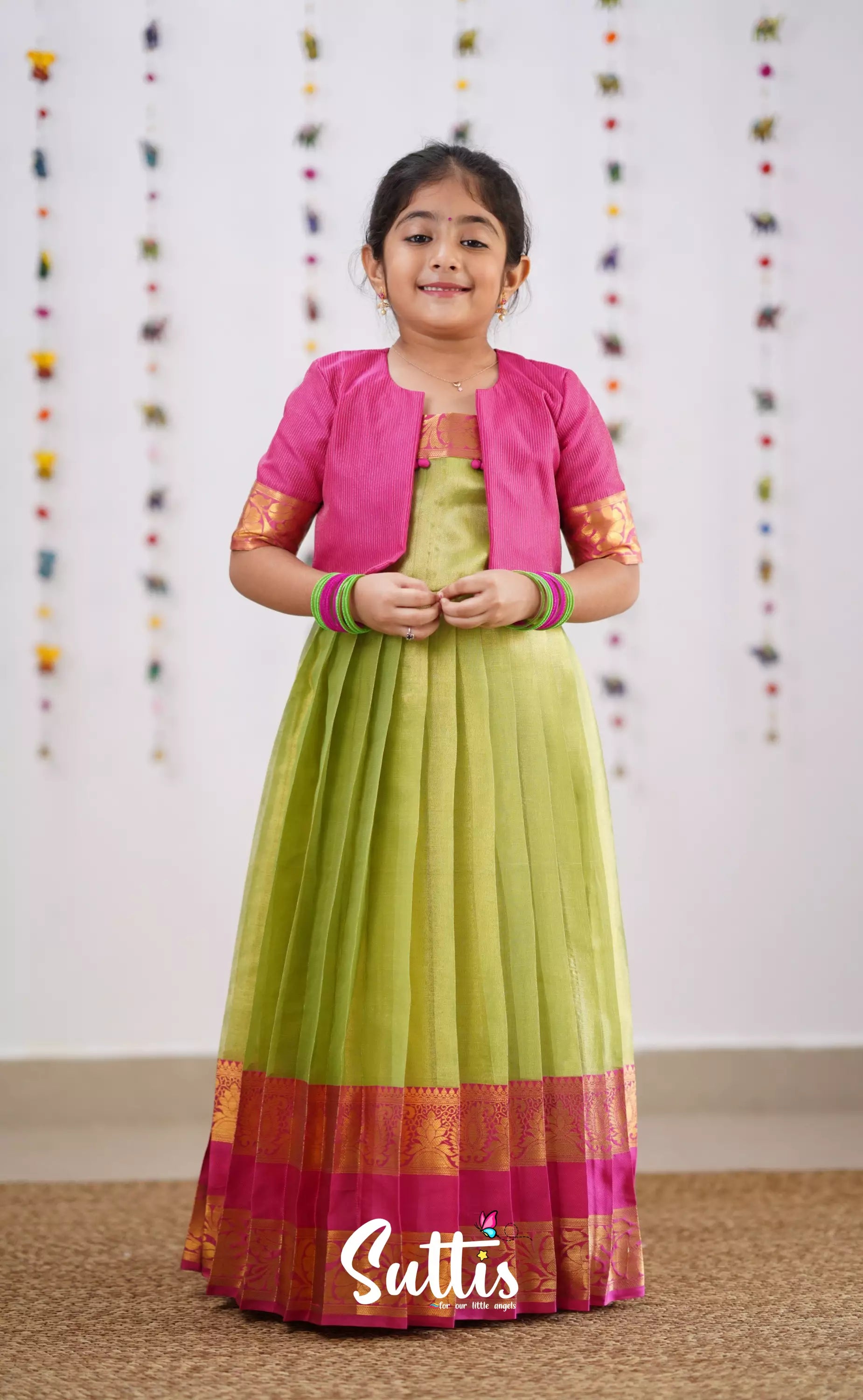 Maya Green Shade And Hot Pink Tone Organza Gown Kids-Suttis