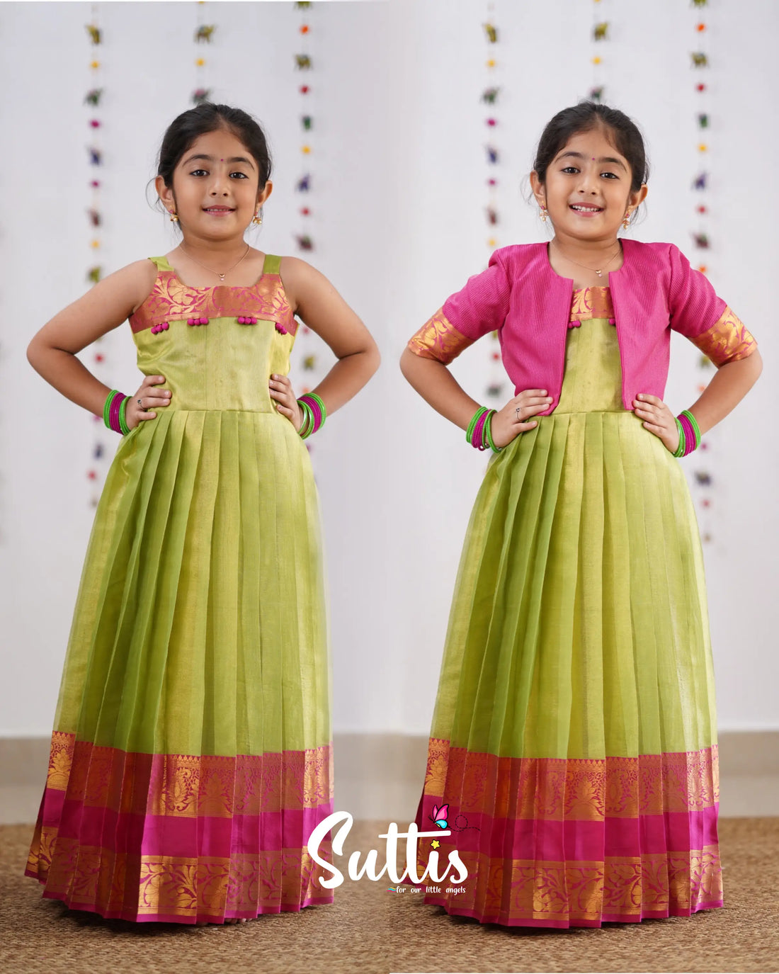 Maya Green Shade And Hot Pink Tone Organza Gown Kids-Suttis