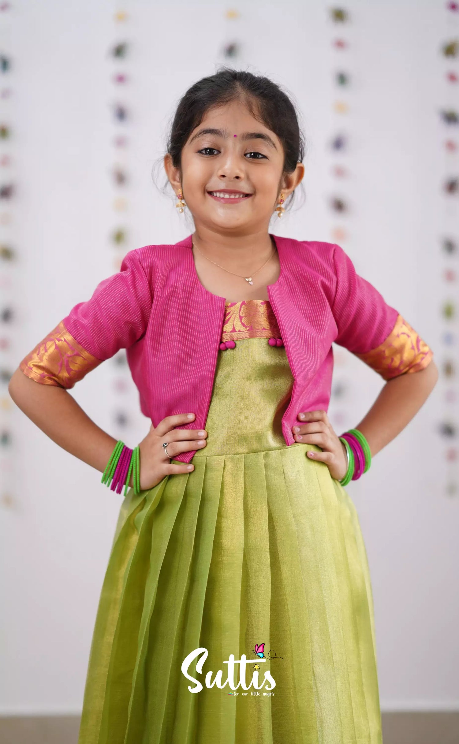 Maya Green Shade And Hot Pink Tone Organza Gown Kids-Suttis