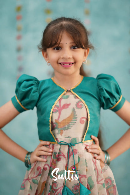 Maya Long Gown - Dark Teal Kalamkari Organza Kids - Suttis