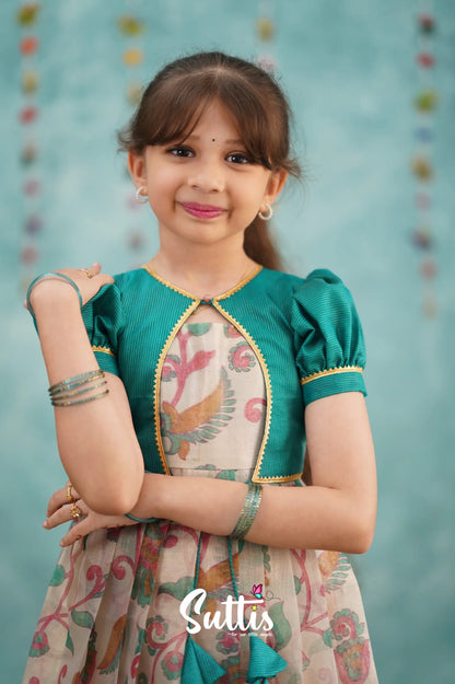 Maya Long Gown - Dark Teal Kalamkari Organza Kids - Suttis