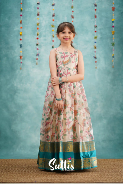 Maya Long Gown - Dark Teal Kalamkari Organza Kids - Suttis