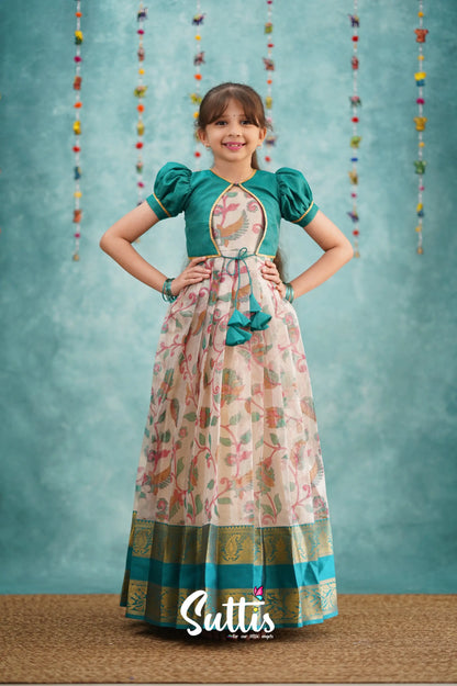 Maya Long Gown - Dark Teal Kalamkari Organza Kids - Suttis