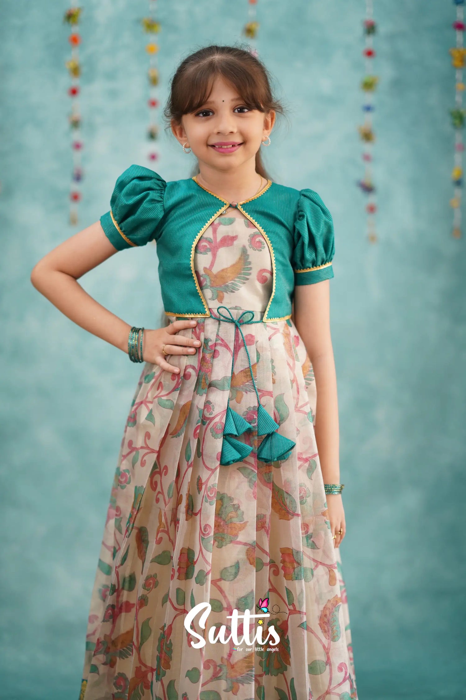 Maya Long Gown - Dark Teal Kalamkari Organza Kids - Suttis