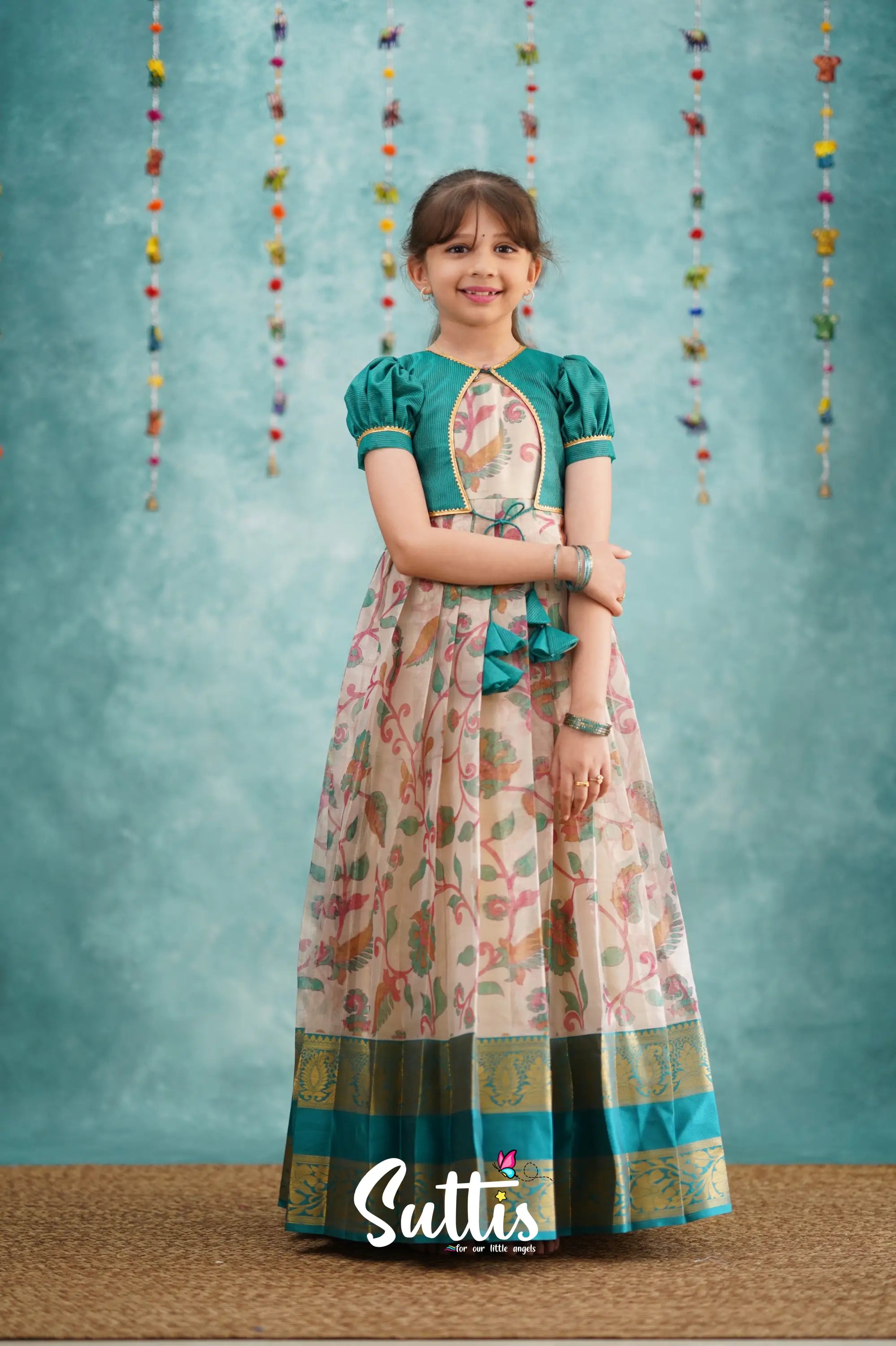 Maya Long Gown - Dark Teal Kalamkari Organza Kids - Suttis