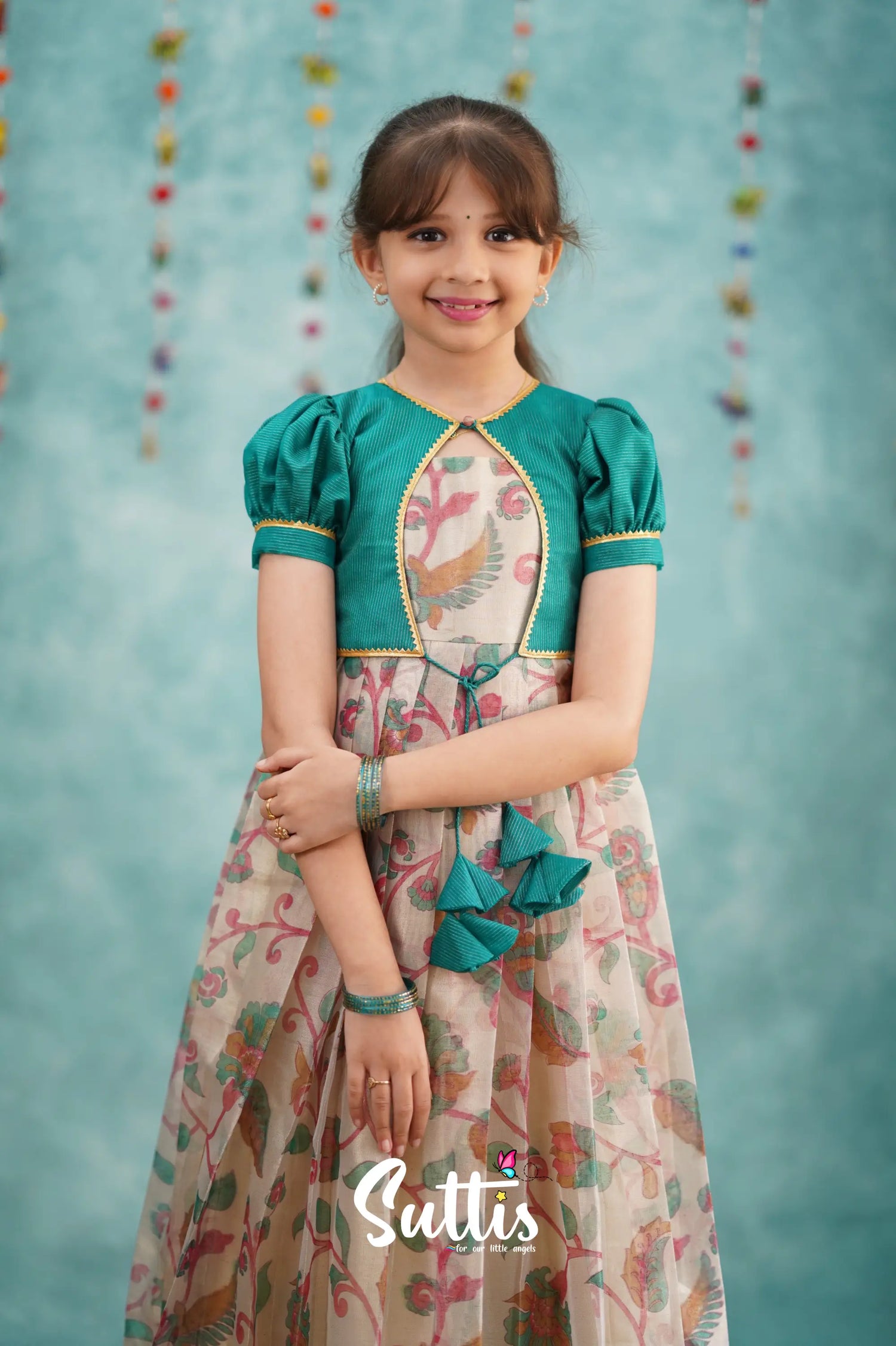 Maya Long Gown - Dark Teal Kalamkari Organza Kids - Suttis