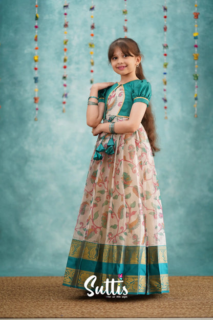 Maya Long Gown - Dark Teal Kalamkari Organza Kids - Suttis