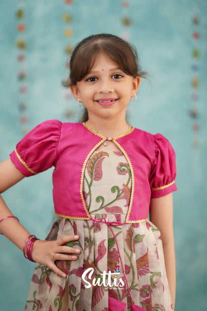 Maya Long Gown - Pink Kalamkari Organza Kids - Suttis