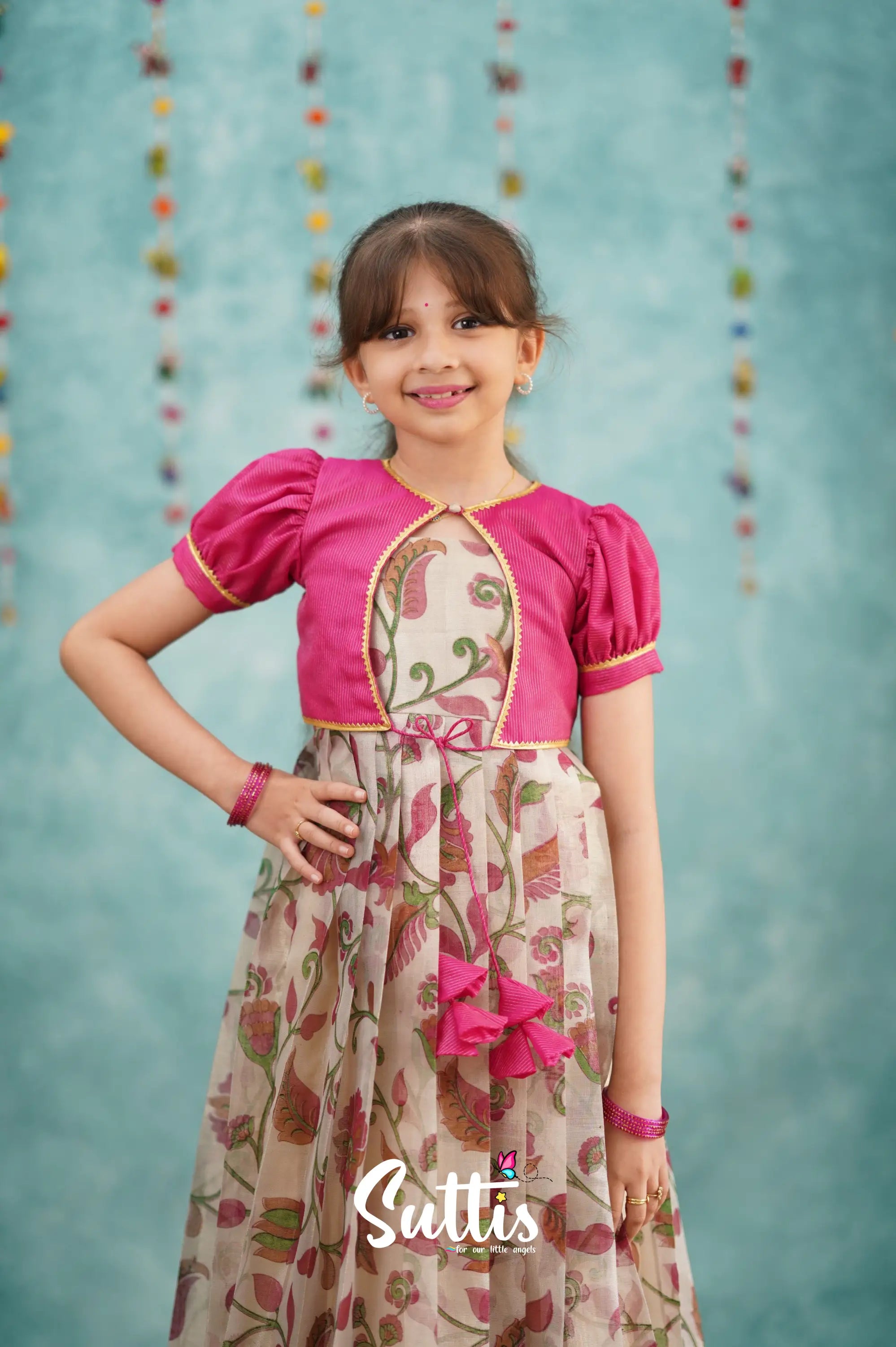 Maya Long Gown - Pink Kalamkari Organza Kids - Suttis