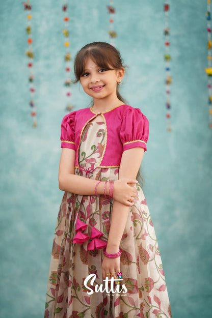 Maya Long Gown - Pink Kalamkari Organza Kids - Suttis