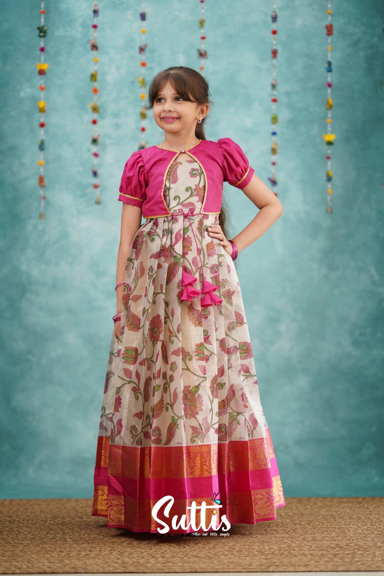 Maya Long Gown - Pink Kalamkari Organza Kids - Suttis