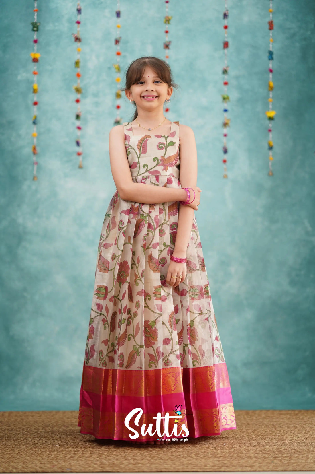 Maya Long Gown - Pink Kalamkari Organza Kids - Suttis