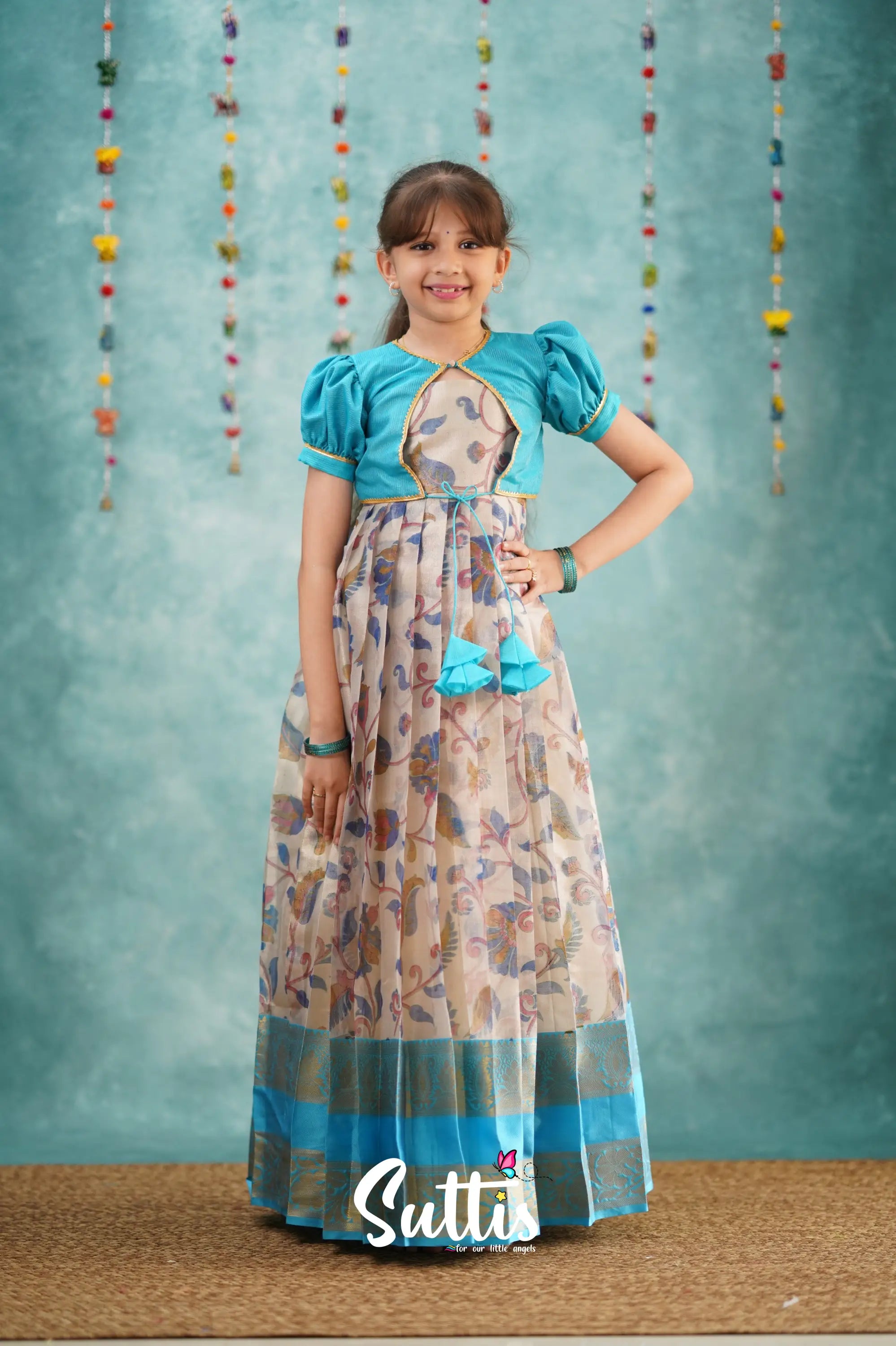 Maya Long Gown - Sky Blue Kalamkari Organza Kids - Suttis