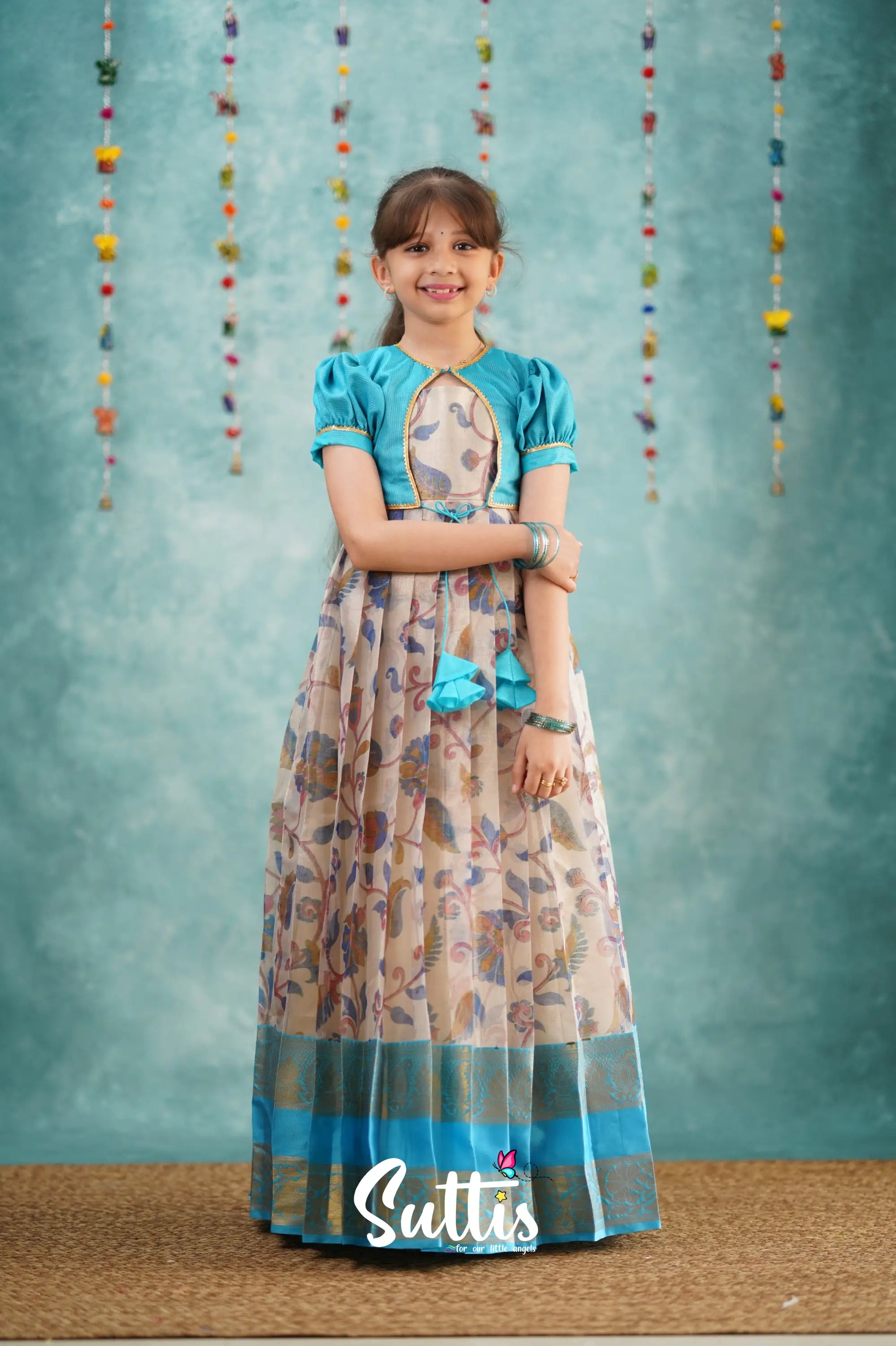 Maya Long Gown - Sky Blue Kalamkari Organza Kids - Suttis