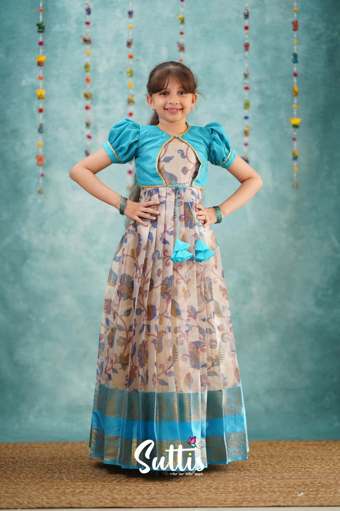 Maya Long Gown - Sky Blue Kalamkari Organza Kids - Suttis