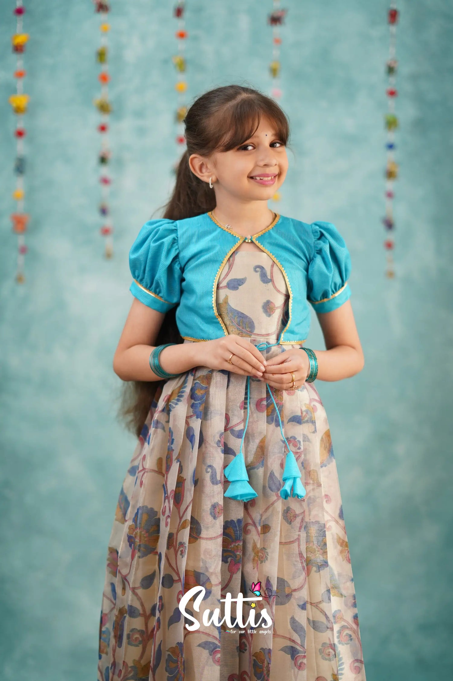 Maya Long Gown - Sky Blue Kalamkari Organza Kids - Suttis