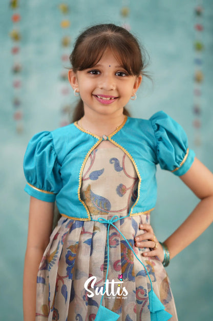 Maya Long Gown - Sky Blue Kalamkari Organza Kids - Suttis