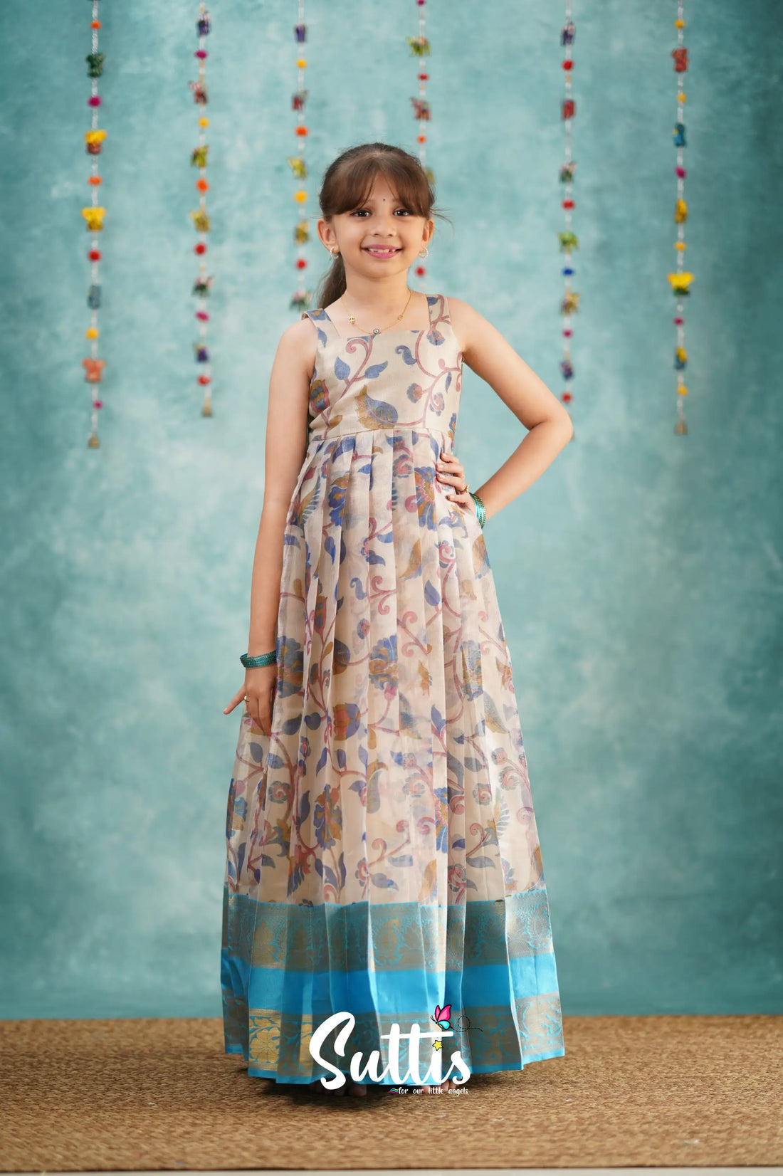 Maya Long Gown - Sky Blue Kalamkari Organza Kids - Suttis