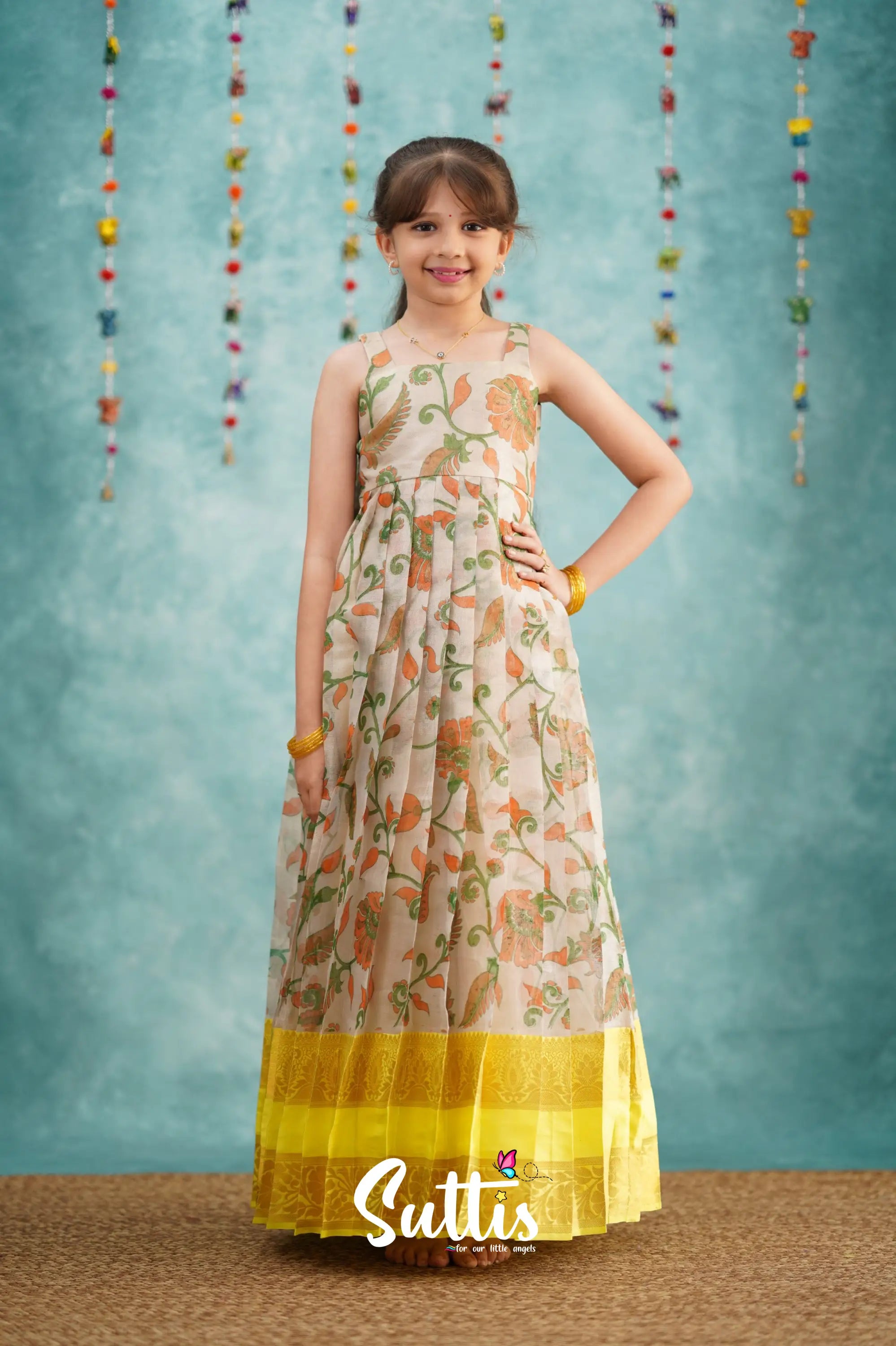 Maya Long Gown - Yellow Kalamkari Organza Kids - Suttis