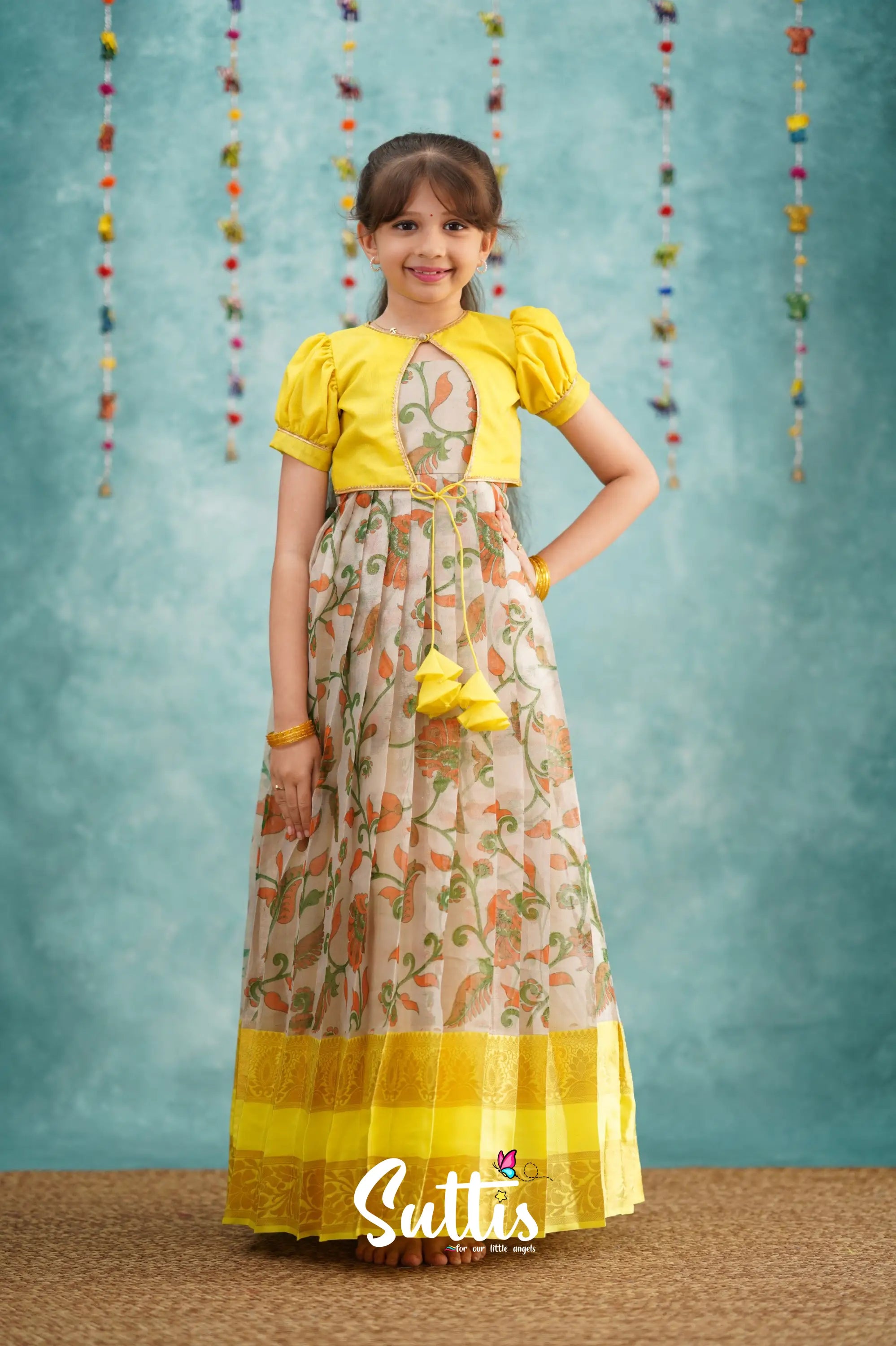 Maya Long Gown - Yellow Kalamkari Organza Kids - Suttis