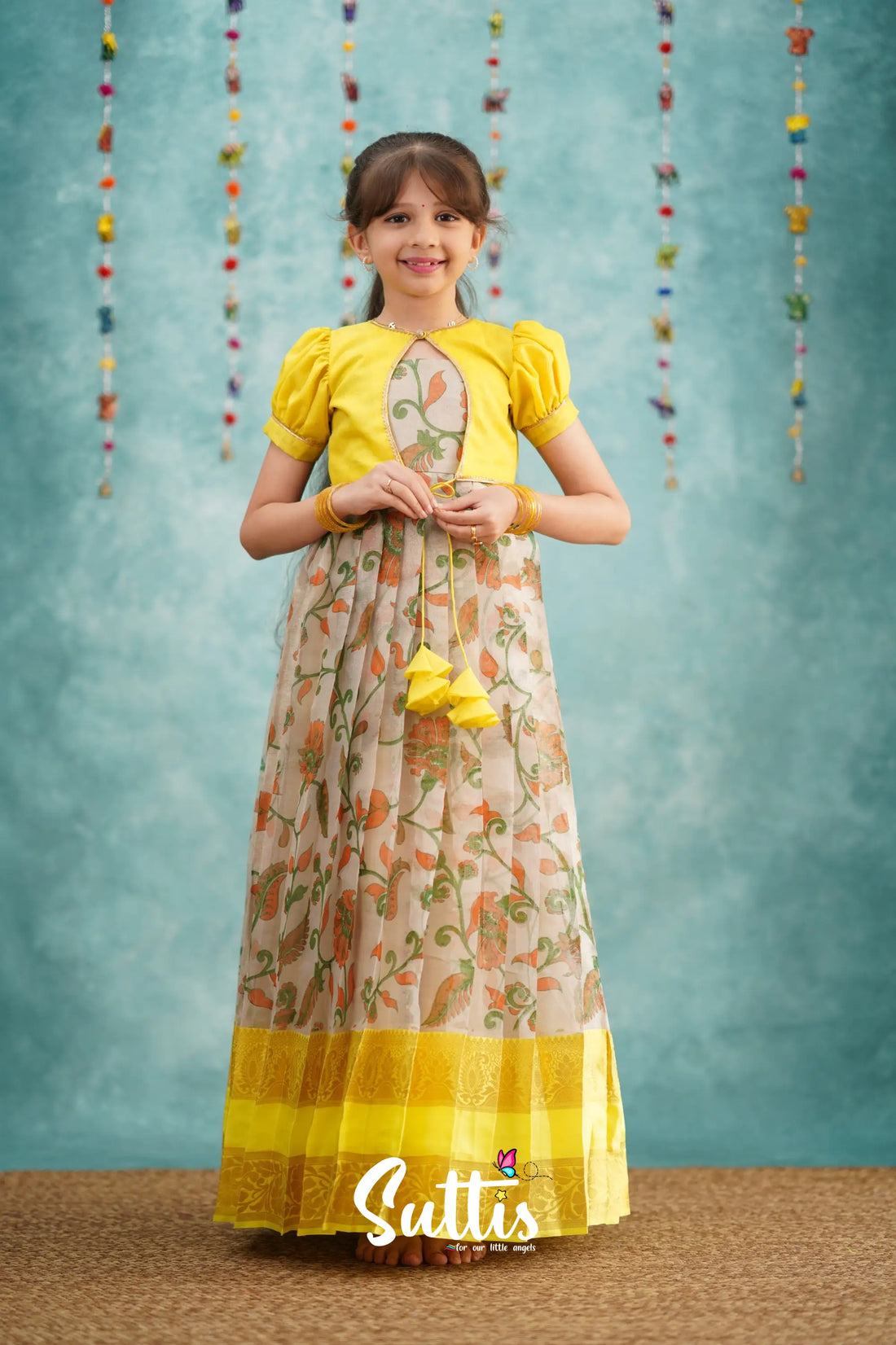 Maya Long Gown - Yellow Kalamkari Organza Kids - Suttis