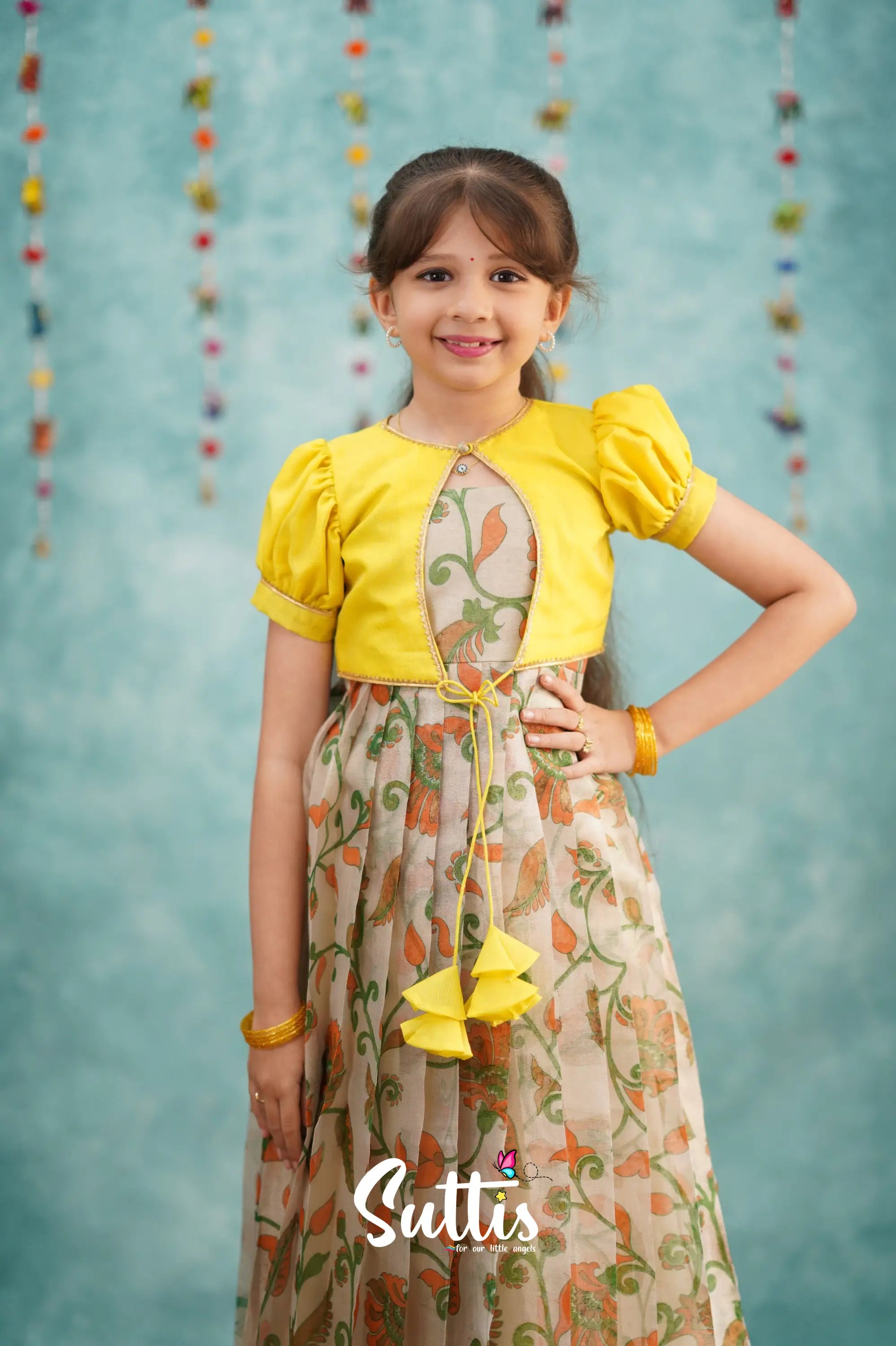 Maya Long Gown - Yellow Kalamkari Organza Kids - Suttis