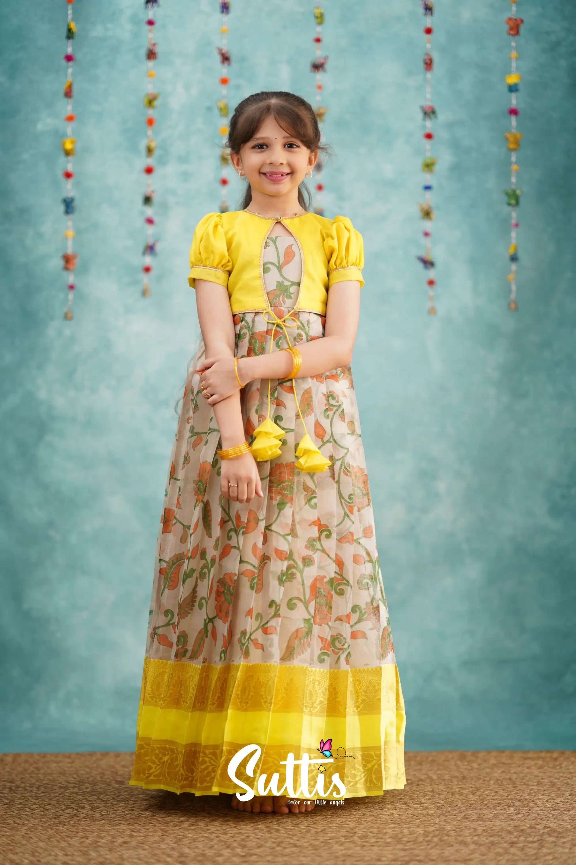 Maya Long Gown - Yellow Kalamkari Organza Kids - Suttis