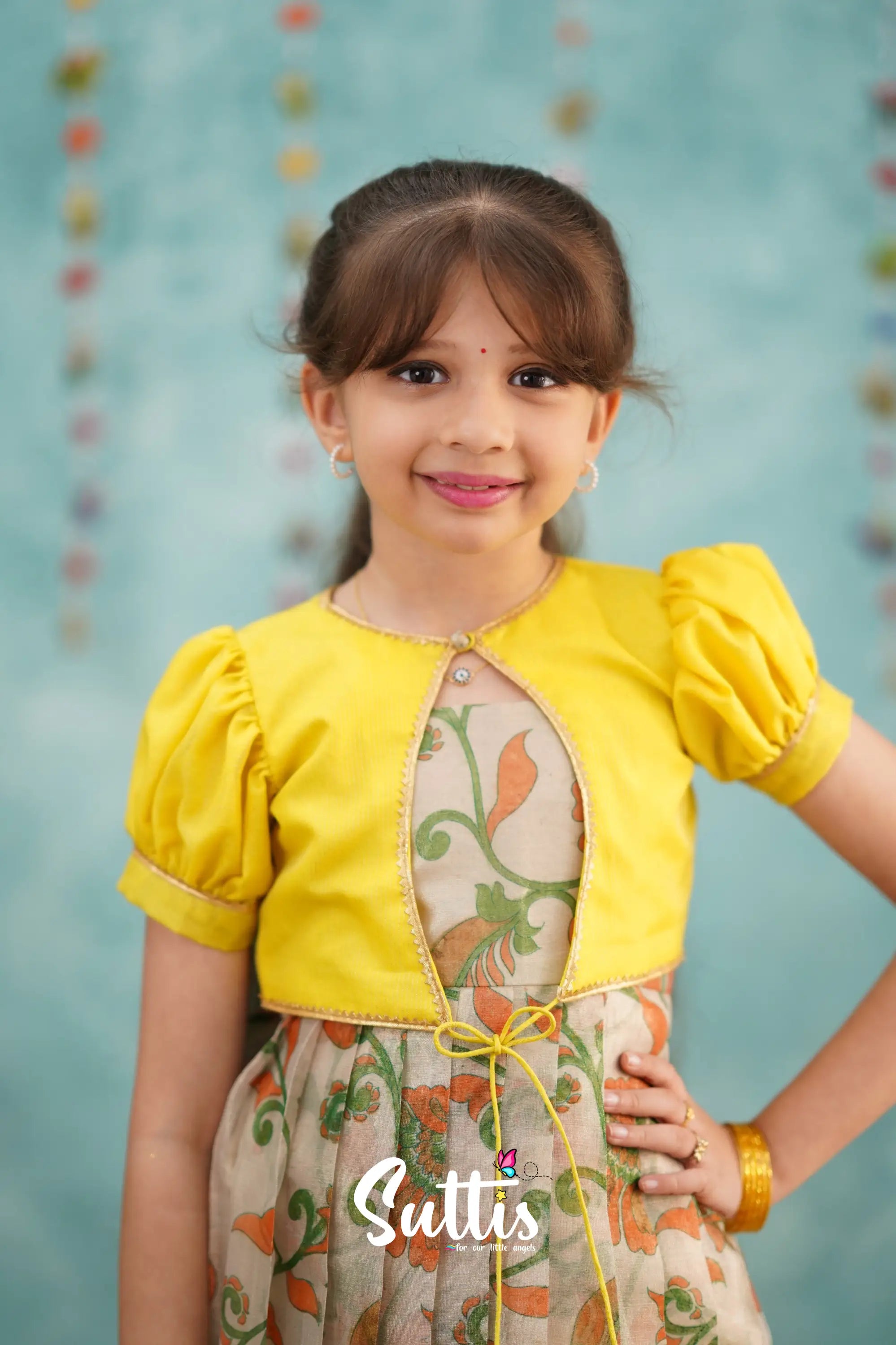 Maya Long Gown - Yellow Kalamkari Organza Kids - Suttis
