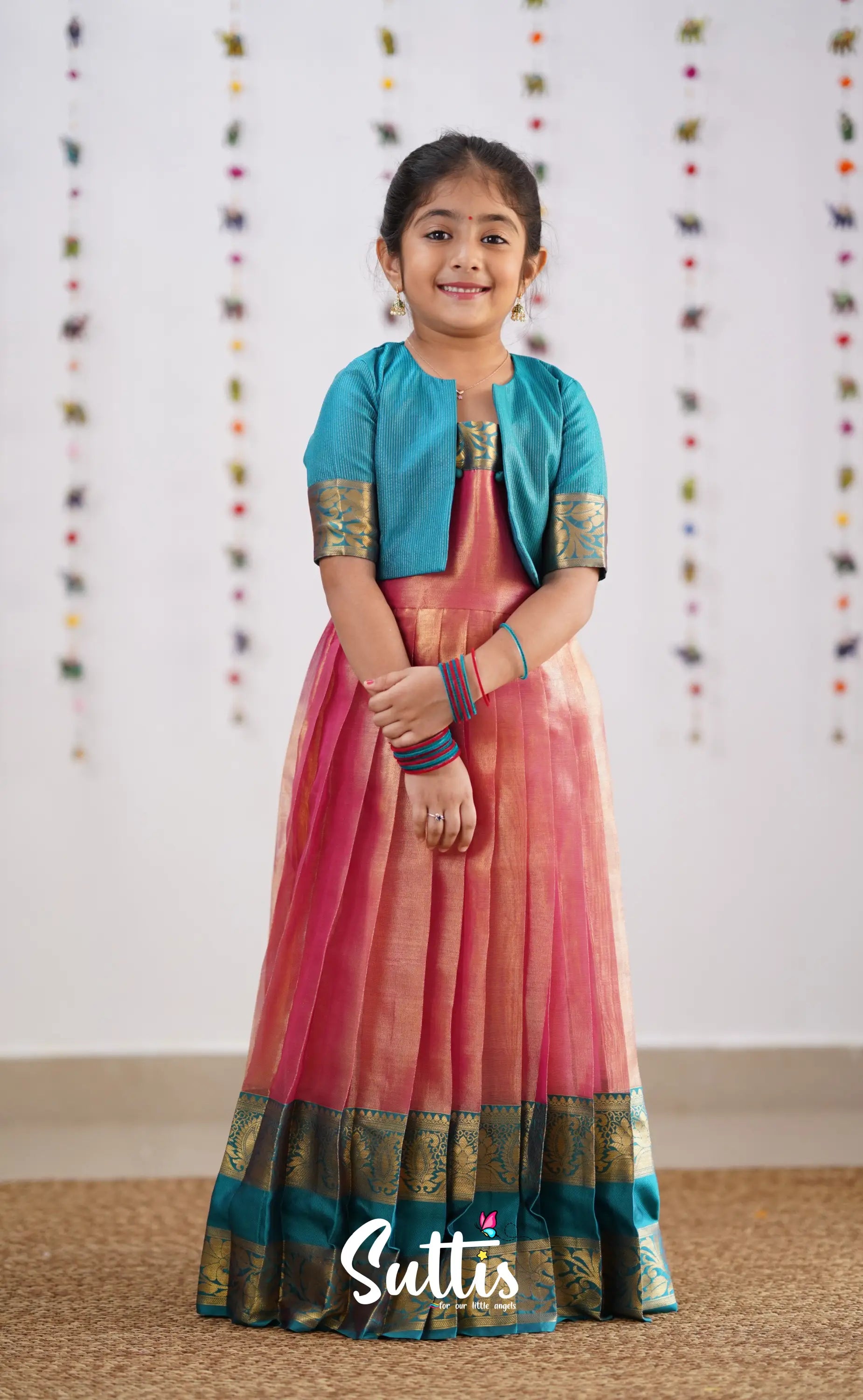 Maya Peachish Pink Shade And Teal Blue Tone Organza Gown Kids-Suttis