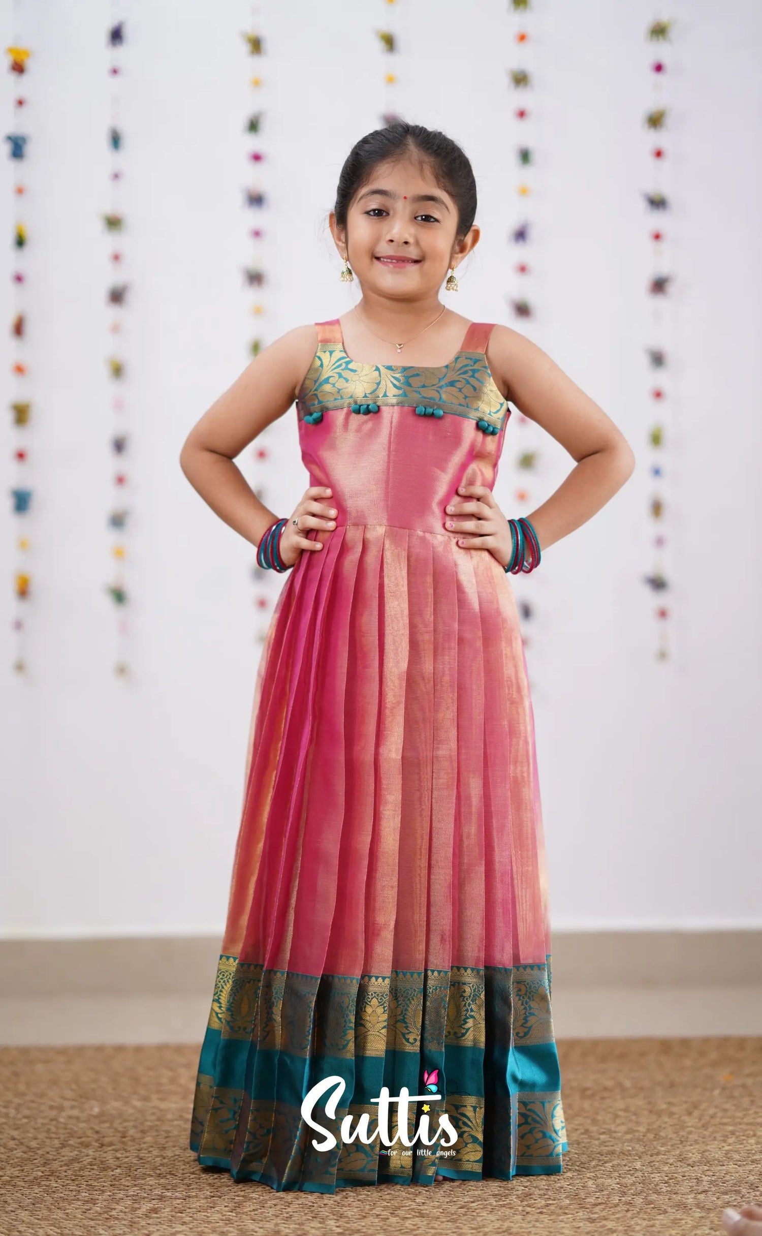 Maya Peachish Pink Shade And Teal Blue Tone Organza Gown Kids-Suttis