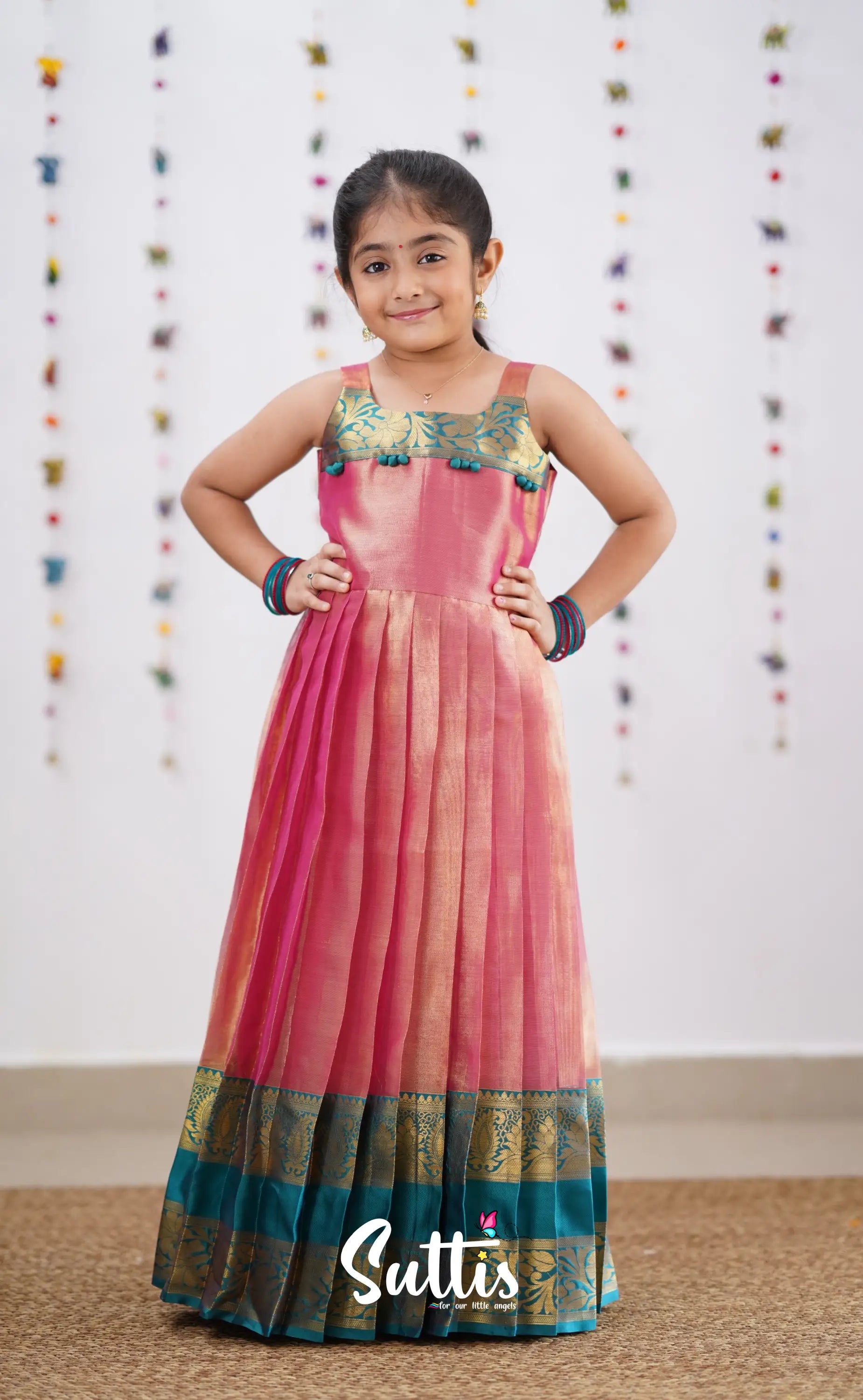 Maya Peachish Pink Shade And Teal Blue Tone Organza Gown Kids-Suttis