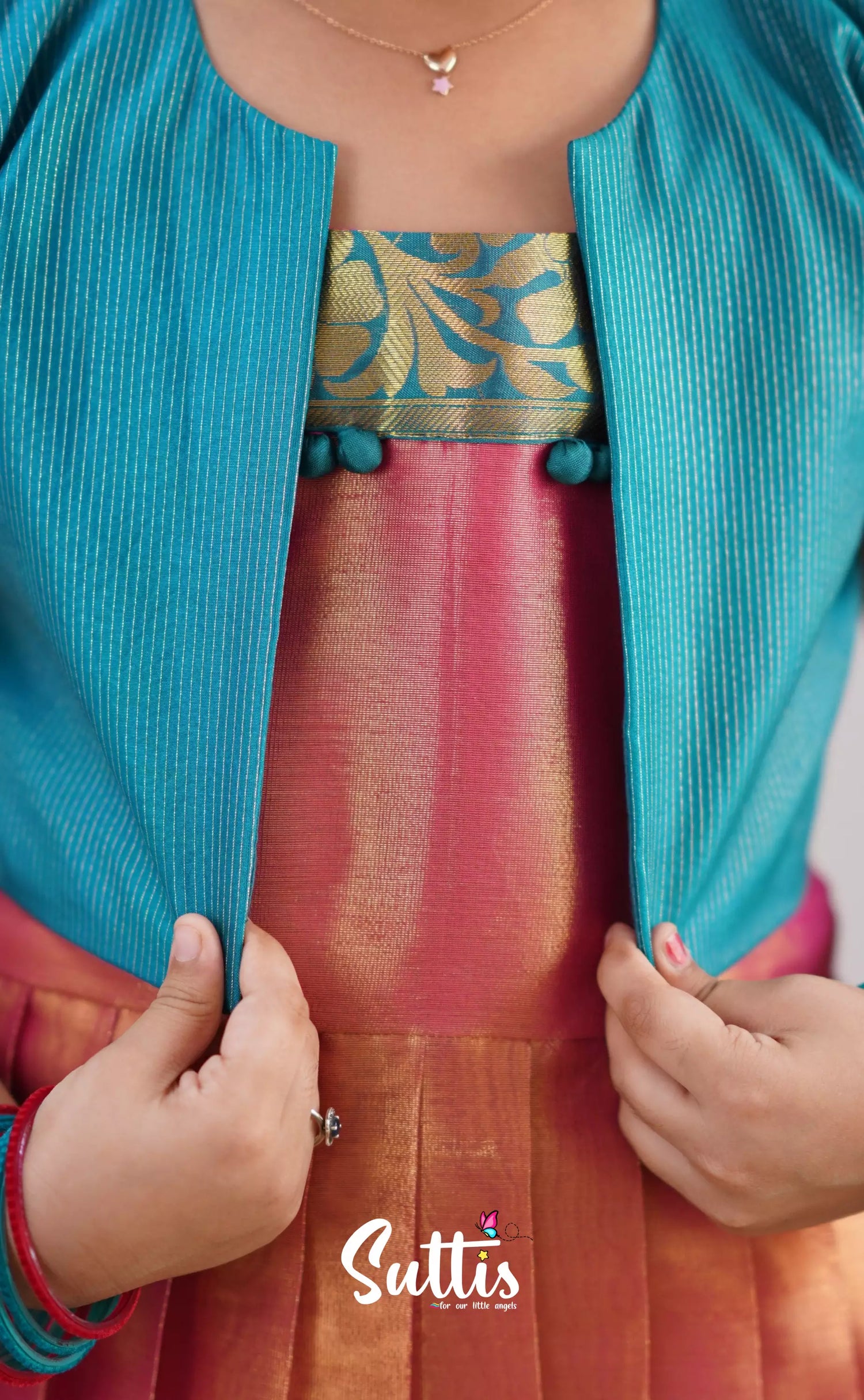 Maya Peachish Pink Shade And Teal Blue Tone Organza Gown Kids-Suttis