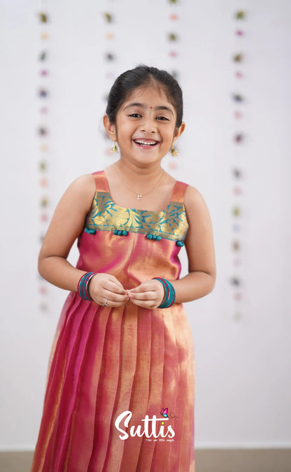 Maya Peachish Pink Shade And Teal Blue Tone Organza Gown Kids-Suttis