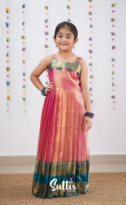 Maya Peachish Pink Shade And Teal Blue Tone Organza Gown Kids-Suttis