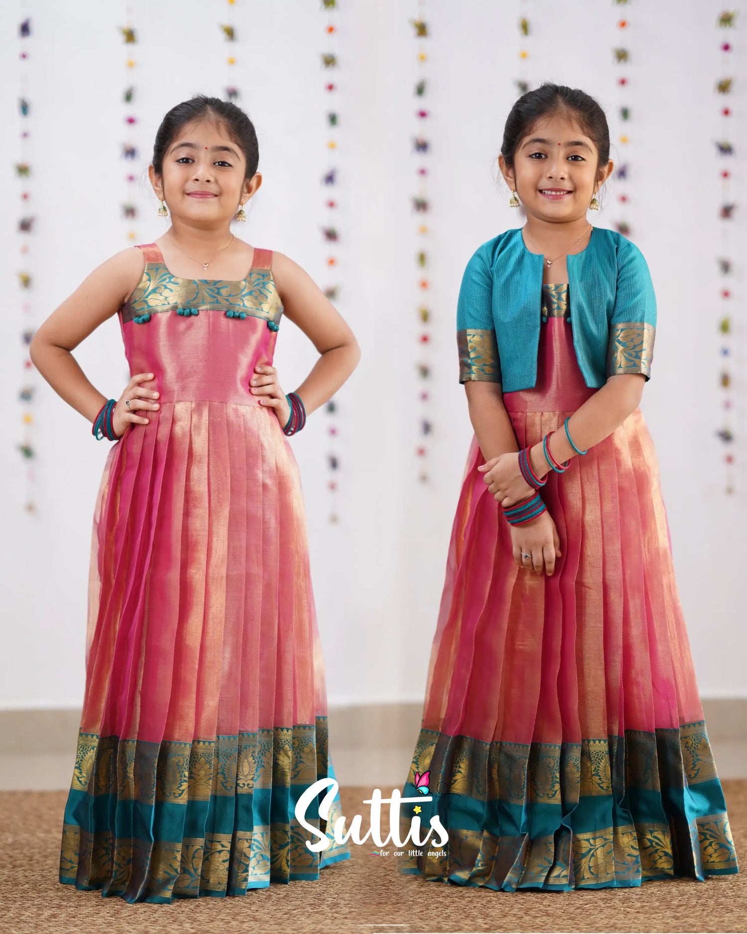 Maya Peachish Pink Shade And Teal Blue Tone Organza Gown Kids-Suttis