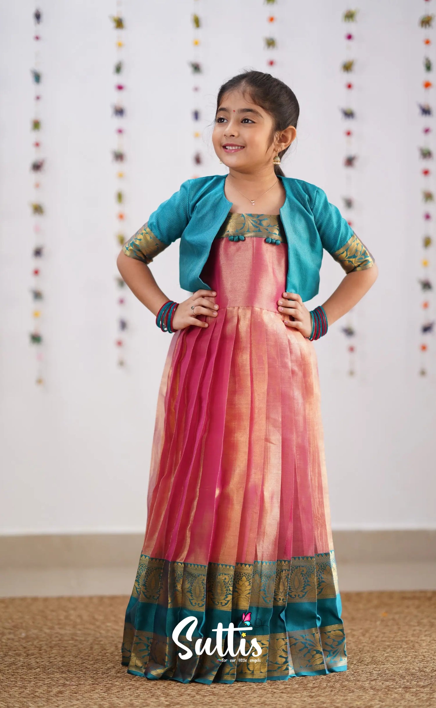 Maya Peachish Pink Shade And Teal Blue Tone Organza Gown Kids-Suttis