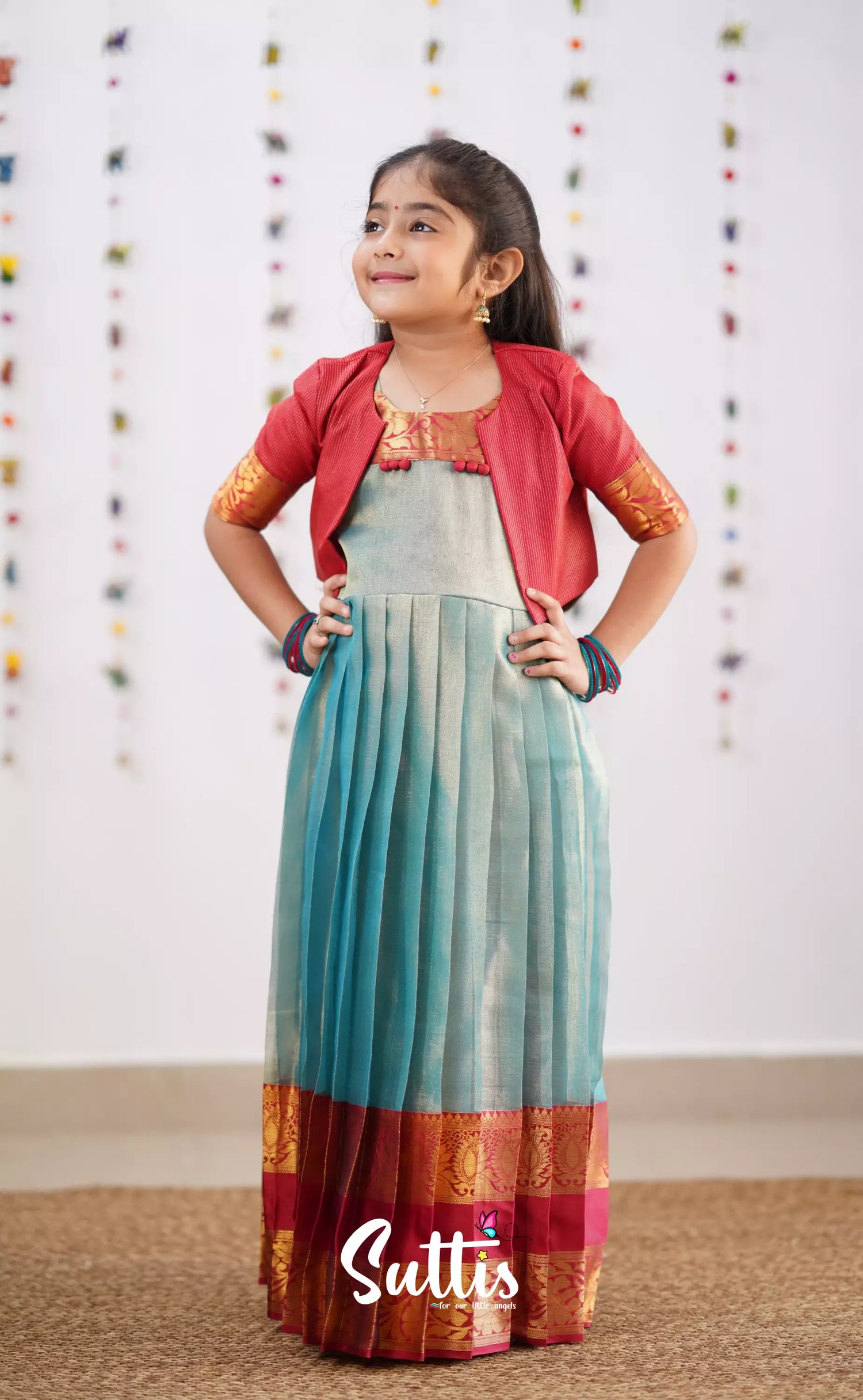 Maya Teal Blue Shade And Coral Red Tone Organza Gown Kids-Suttis