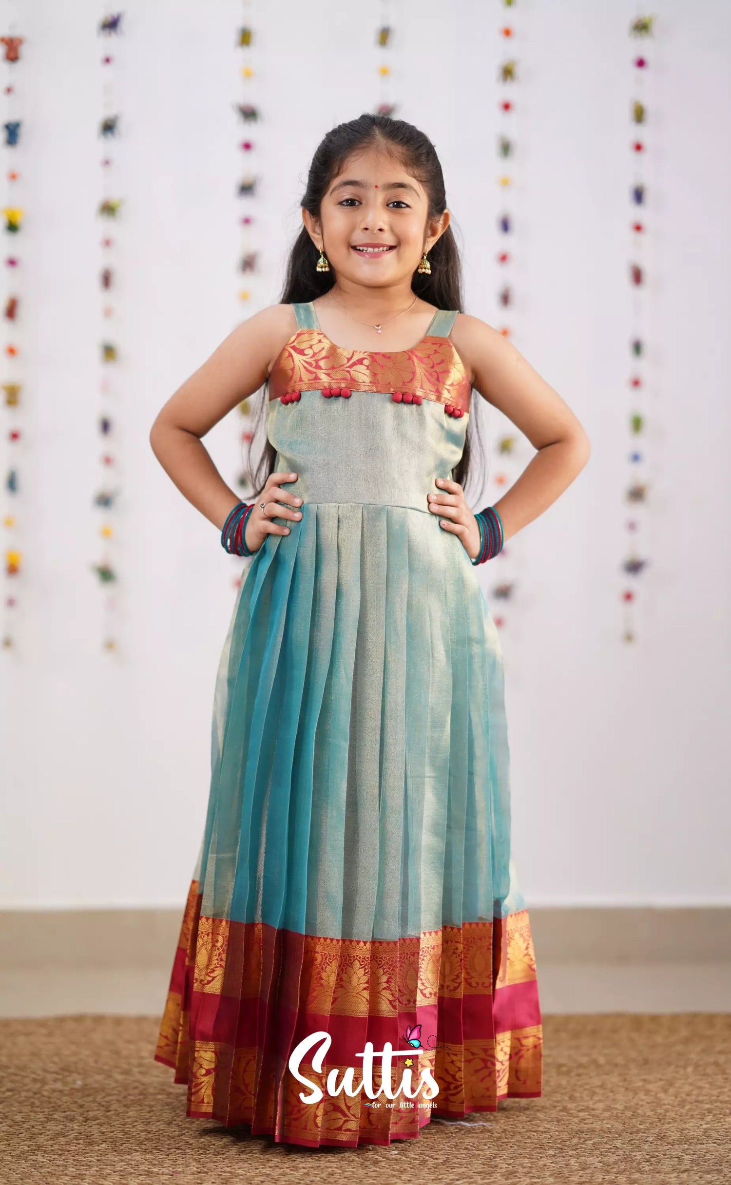 Maya Teal Blue Shade And Coral Red Tone Organza Gown Kids-Suttis