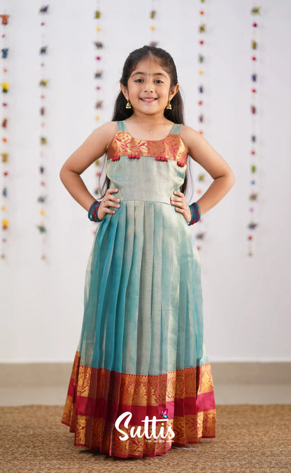 Maya Teal Blue Shade And Coral Red Tone Organza Gown Kids-Suttis