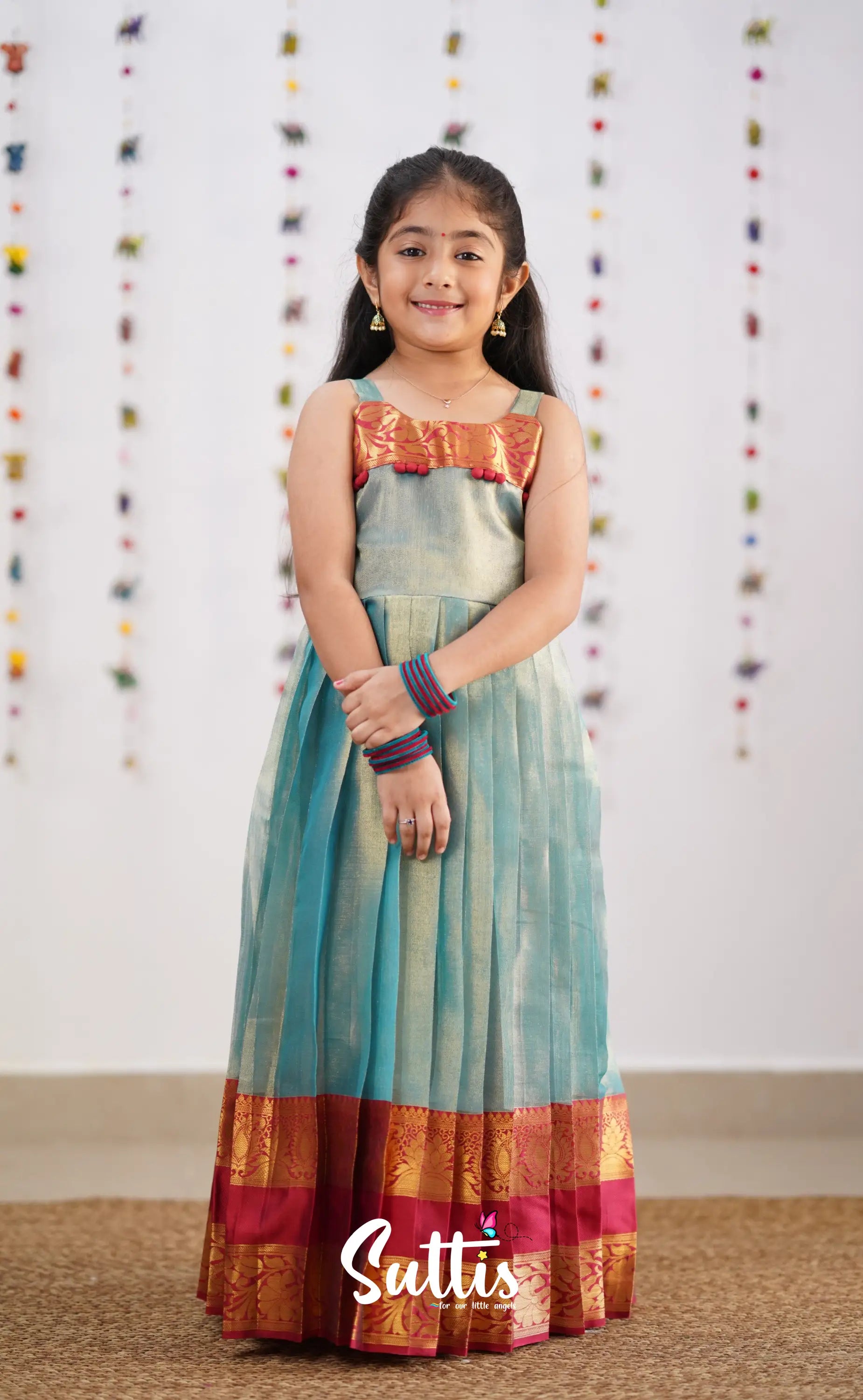 Maya Teal Blue Shade And Coral Red Tone Organza Gown Kids-Suttis