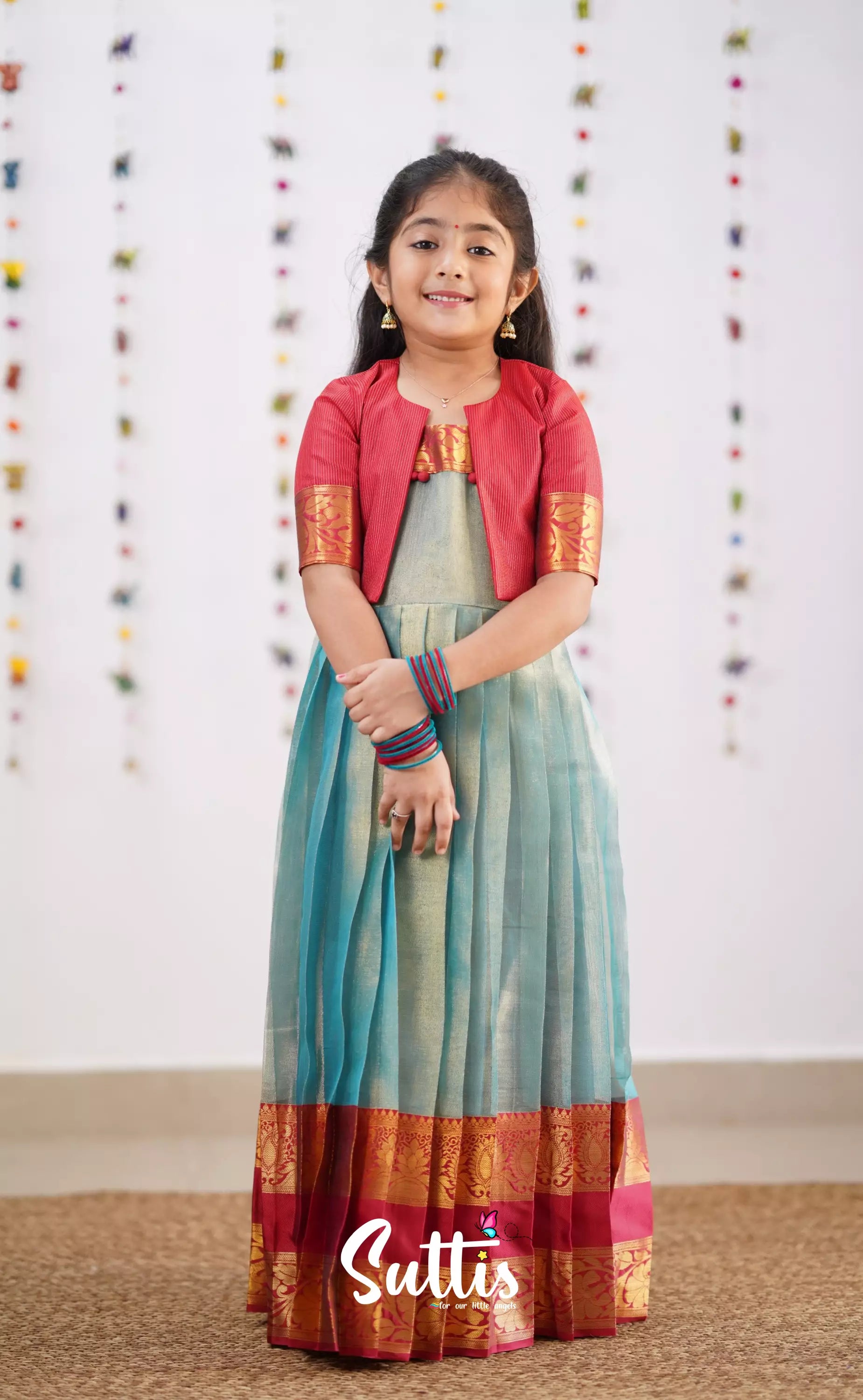 Maya Teal Blue Shade And Coral Red Tone Organza Gown Kids-Suttis