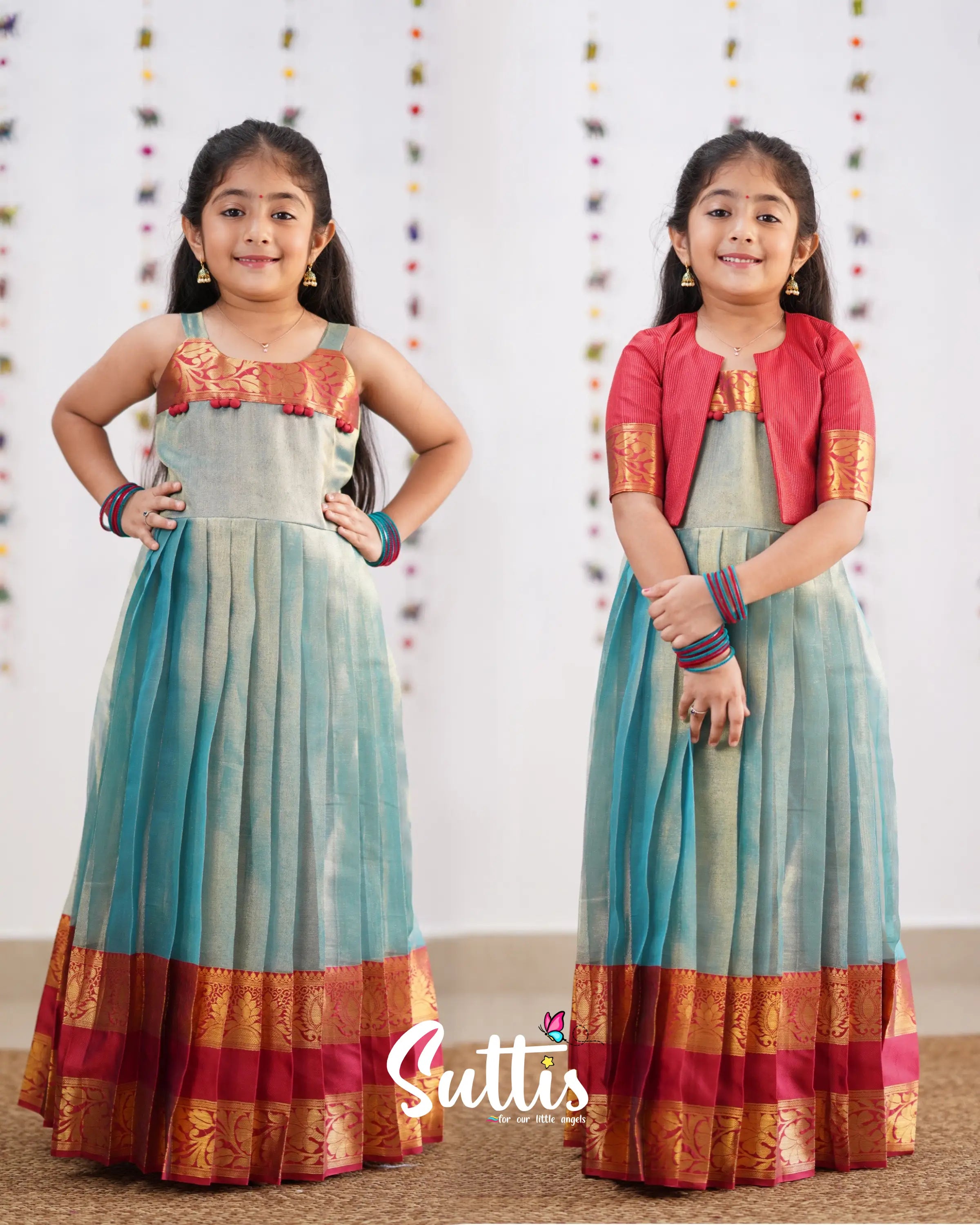 Maya Teal Blue Shade And Coral Red Tone Organza Gown Kids-Suttis