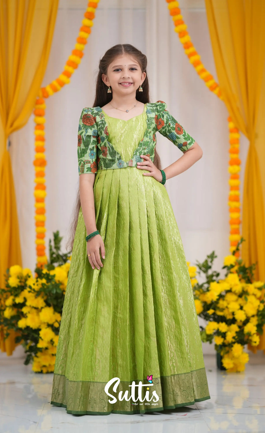 Maya Tissue Banarasi Long Gown - Light Green and Bottle Green Kids-Suttis