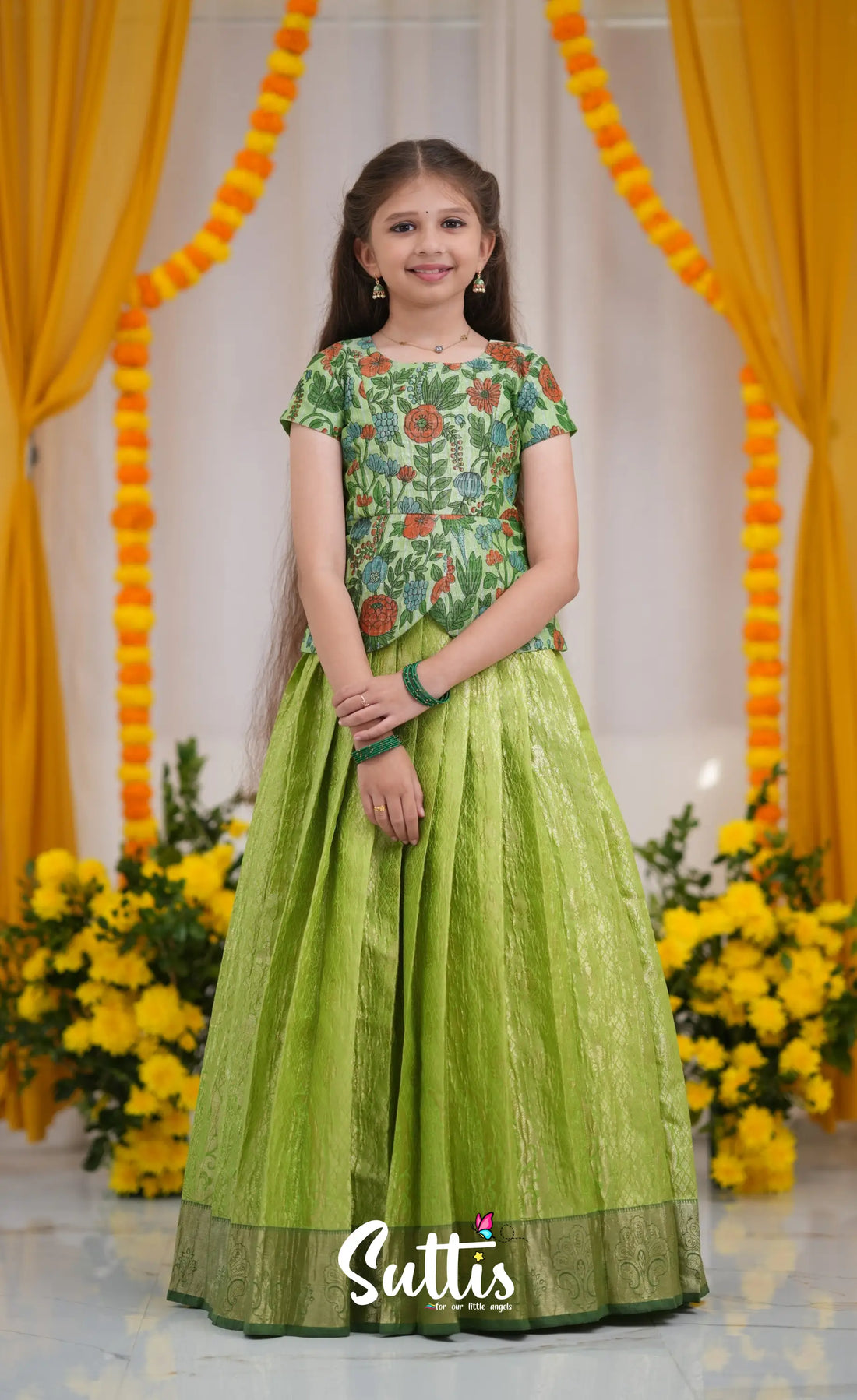 Maya Tissue Banarasi Long Gown - Light Green and Bottle Green Kids-Suttis