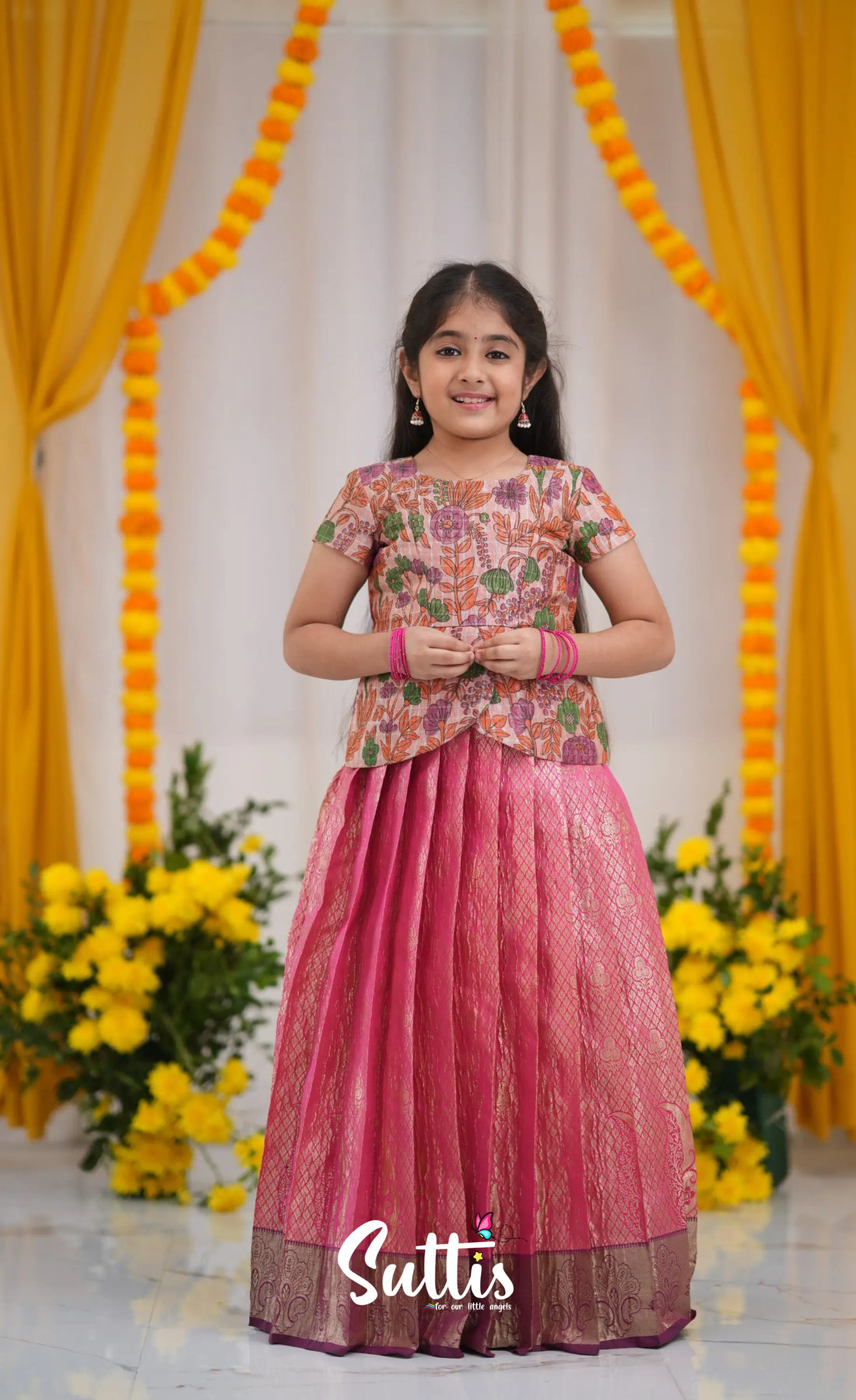 Maya Tissue Banarasi Long Gown - Pink and Magenta Kids-Suttis